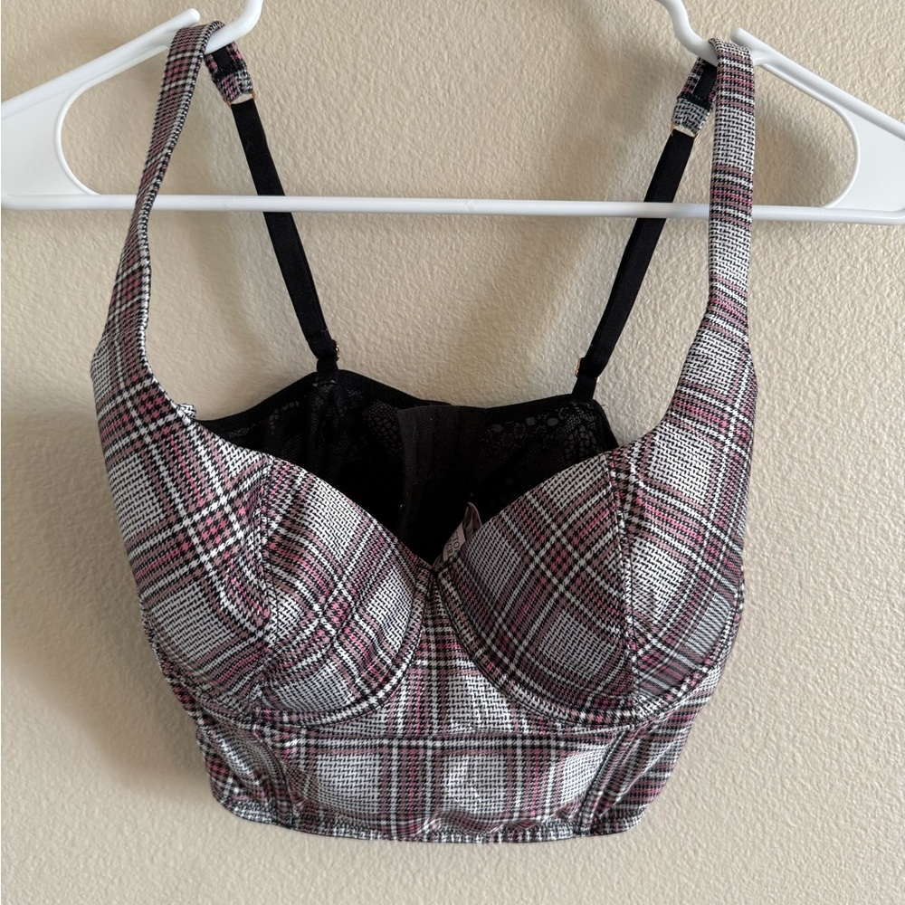 Victoria's Secret Pink Plaid Lace Back Corset w/ Adjustable Straps size 34C